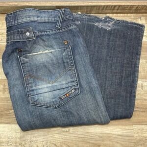 ENERGIE Crowell Wide Distressed Denim Jeans Mens 36x31 Blue Medium Wash Raw Hem